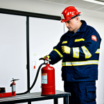 ** A diligent fire equipment technician, fully clothed in work attire, inspecting a fire extinguisher in a well-lit, organized workshop. Focus on detail and professional environment, safe for work.

**