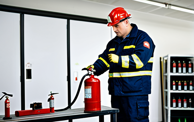 ** A diligent fire equipment technician, fully clothed in work attire, inspecting a fire extinguisher in a well-lit, organized workshop. Focus on detail and professional environment, safe for work.
**