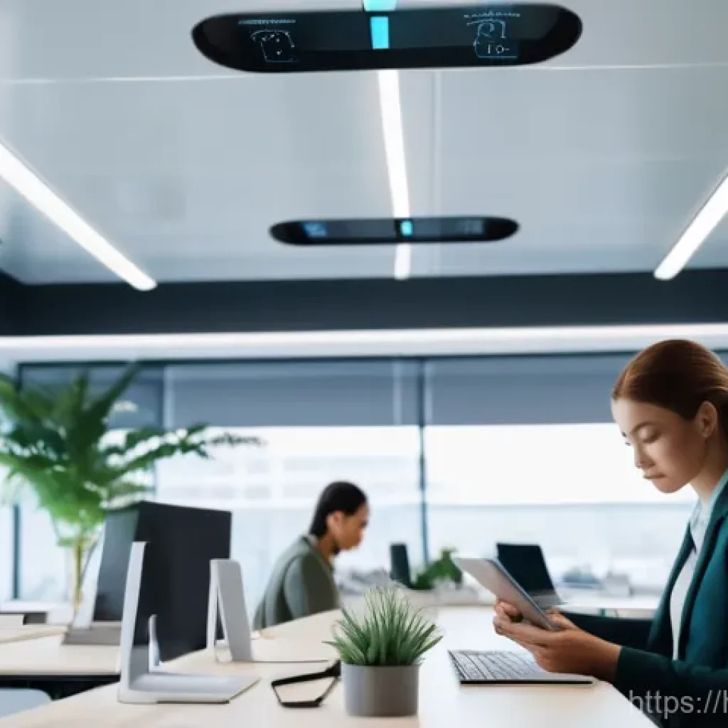 소방설비기사와 화재 감지 센서 활용 - **Prompt:** A high-angle, futuristic shot of a sleek, modern office interior bathed in soft, natural...