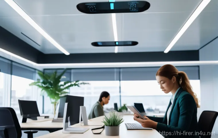 소방설비기사와 화재 감지 센서 활용 - **Prompt:** A high-angle, futuristic shot of a sleek, modern office interior bathed in soft, natural...