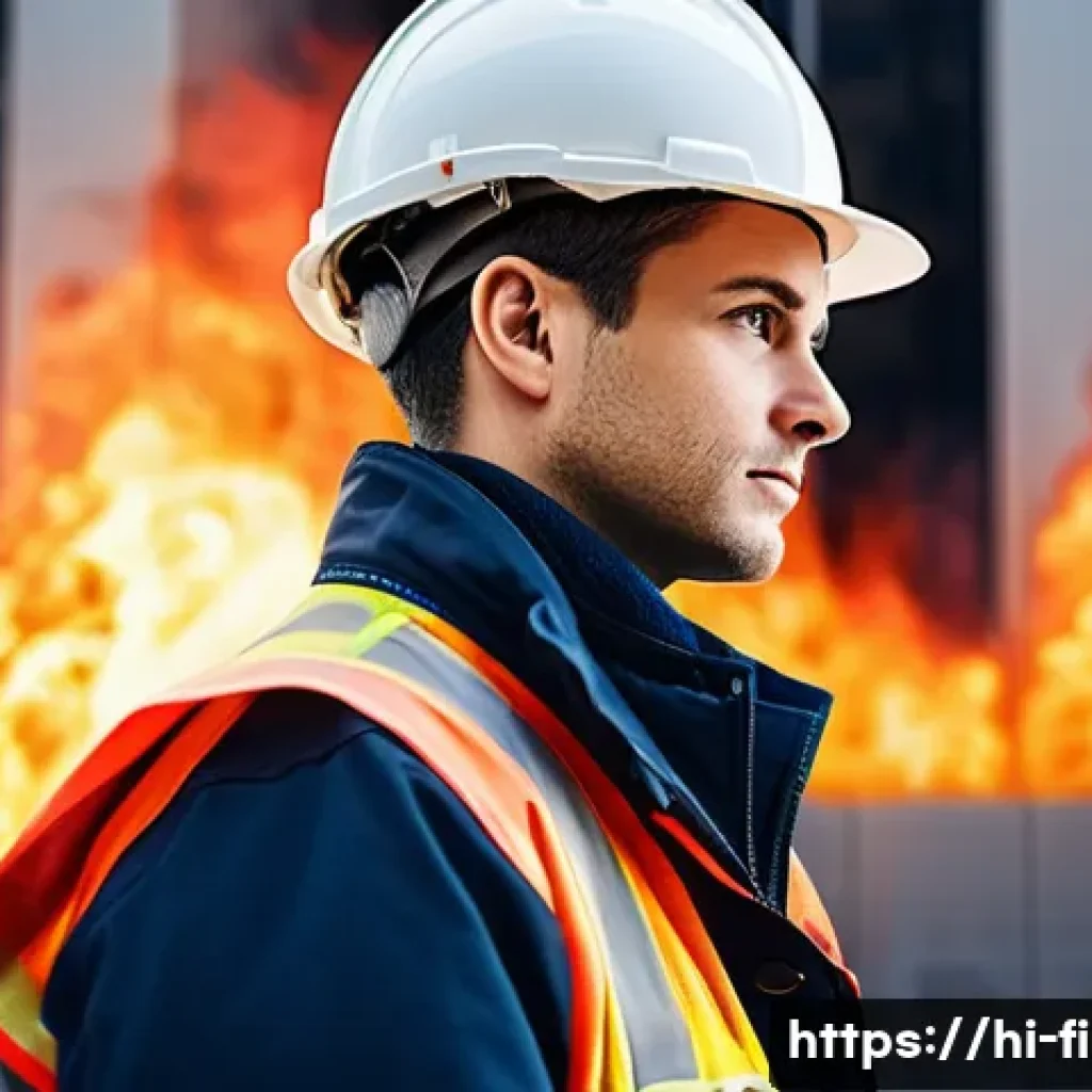 소방설비기사와 관련된 국제 기준 - **Prompt:** A focused fire safety engineer, male or female, in a professional setting. They are meti...