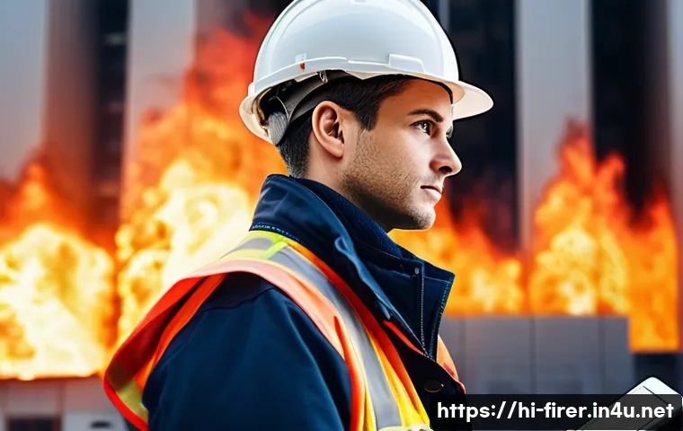 소방설비기사와 관련된 국제 기준 - **Prompt:** A focused fire safety engineer, male or female, in a professional setting. They are meti...