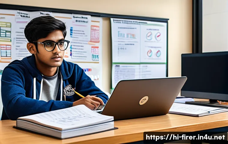 소방설비기사 자격증 취득 후기 - A focused Indian student studying diligently at a desk filled with textbooks and notes about fire sa...