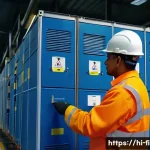 Home 19 소방설비기사와 화재 조사 사례 - A detailed indoor scene of a modern industrial factory setting, showing a certified electrician insp...