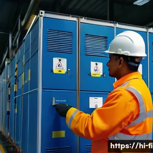 Home 31 소방설비기사와 화재 조사 사례 - A detailed indoor scene of a modern industrial factory setting, showing a certified electrician insp...