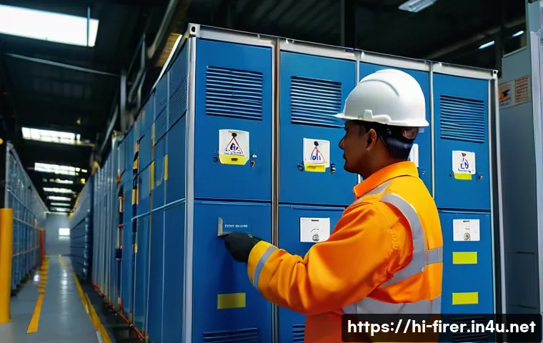 소방설비기사와 화재 조사 사례 - A detailed indoor scene of a modern industrial factory setting, showing a certified electrician insp...
