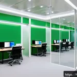 Home 18 소방설비기사와 친환경 소방 기술 - A modern office building interior showcasing an advanced smart fire detection system in action: slee...