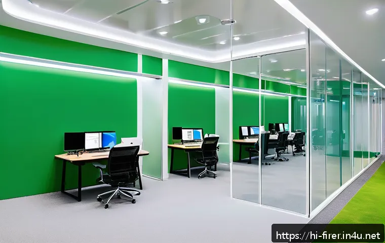 소방설비기사와 친환경 소방 기술 - A modern office building interior showcasing an advanced smart fire detection system in action: slee...