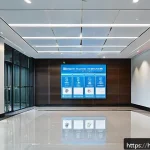 Home 23 소방설비기사의 업무 효율화 방법 - A modern office building lobby featuring an advanced automatic fire detection system with sleek smok...
