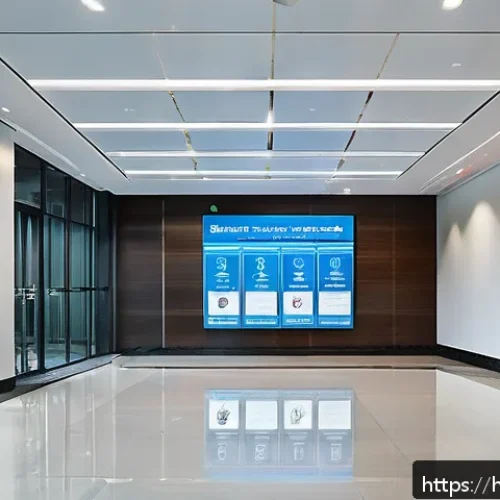 Home 17 소방설비기사의 업무 효율화 방법 - A modern office building lobby featuring an advanced automatic fire detection system with sleek smok...