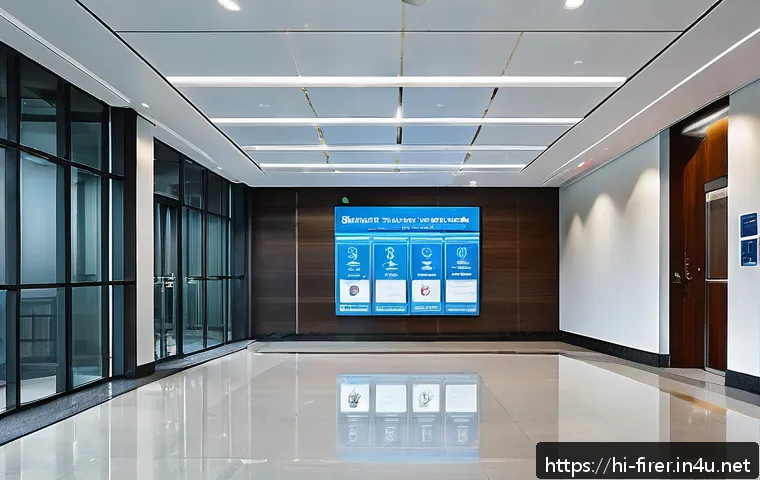 소방설비기사의 업무 효율화 방법 - A modern office building lobby featuring an advanced automatic fire detection system with sleek smok...