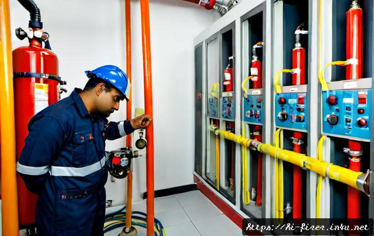 Home 17 소방설비기사의 업무에서 중요하게 다뤄야 할 점 - Photorealistic fire protection engineer in clean safety gear inspecting a commercial building fire s...
